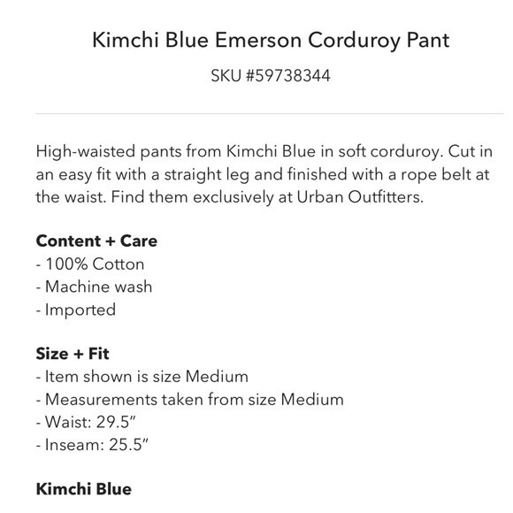 Urban Outfitters Kimichi blue emerson corduroy pant Xsmall NWT - Picture 7 of 7